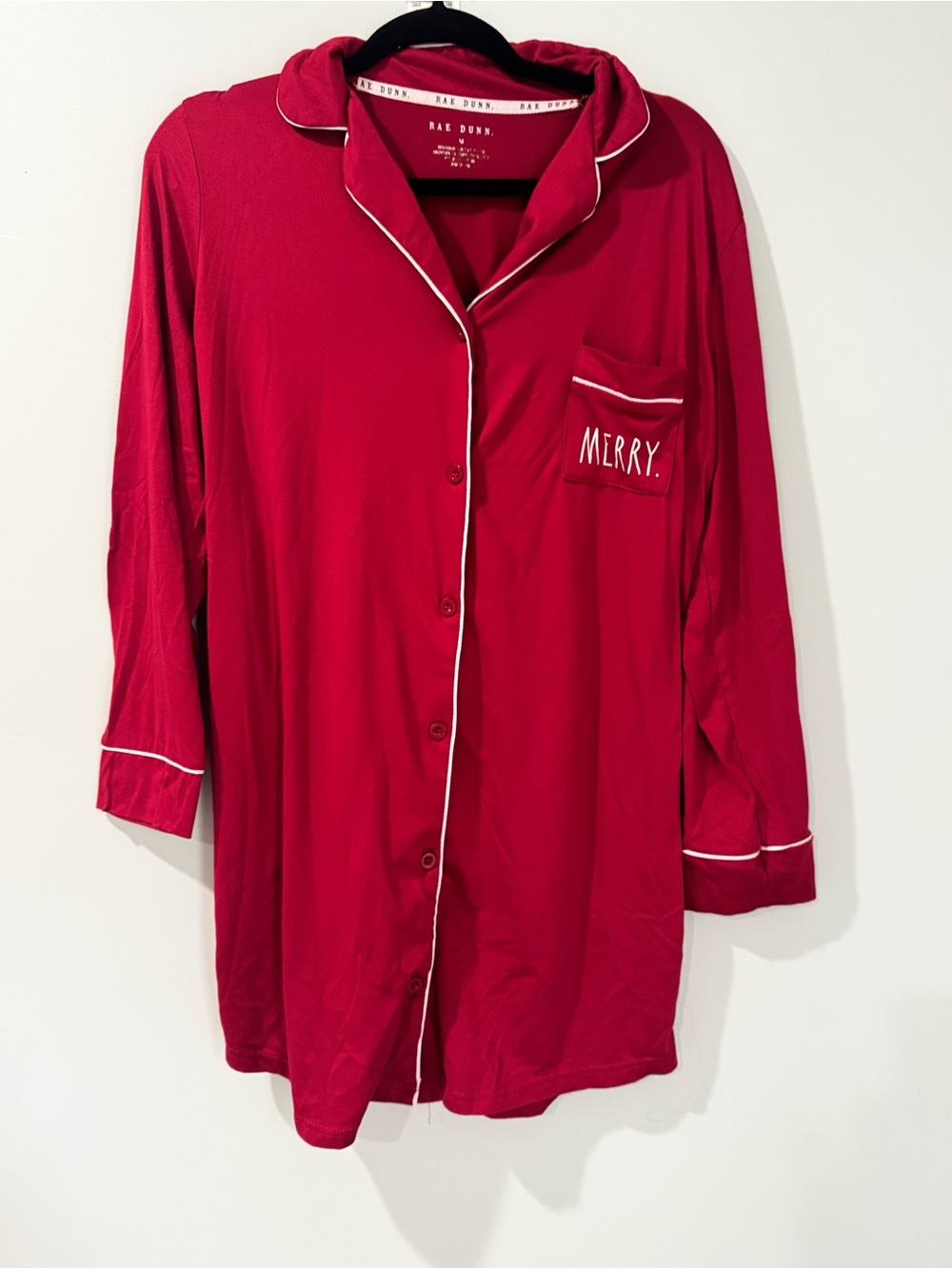 Rae Dunn Red Button-Front 'MERRY' Sleep Shirt with White Piping